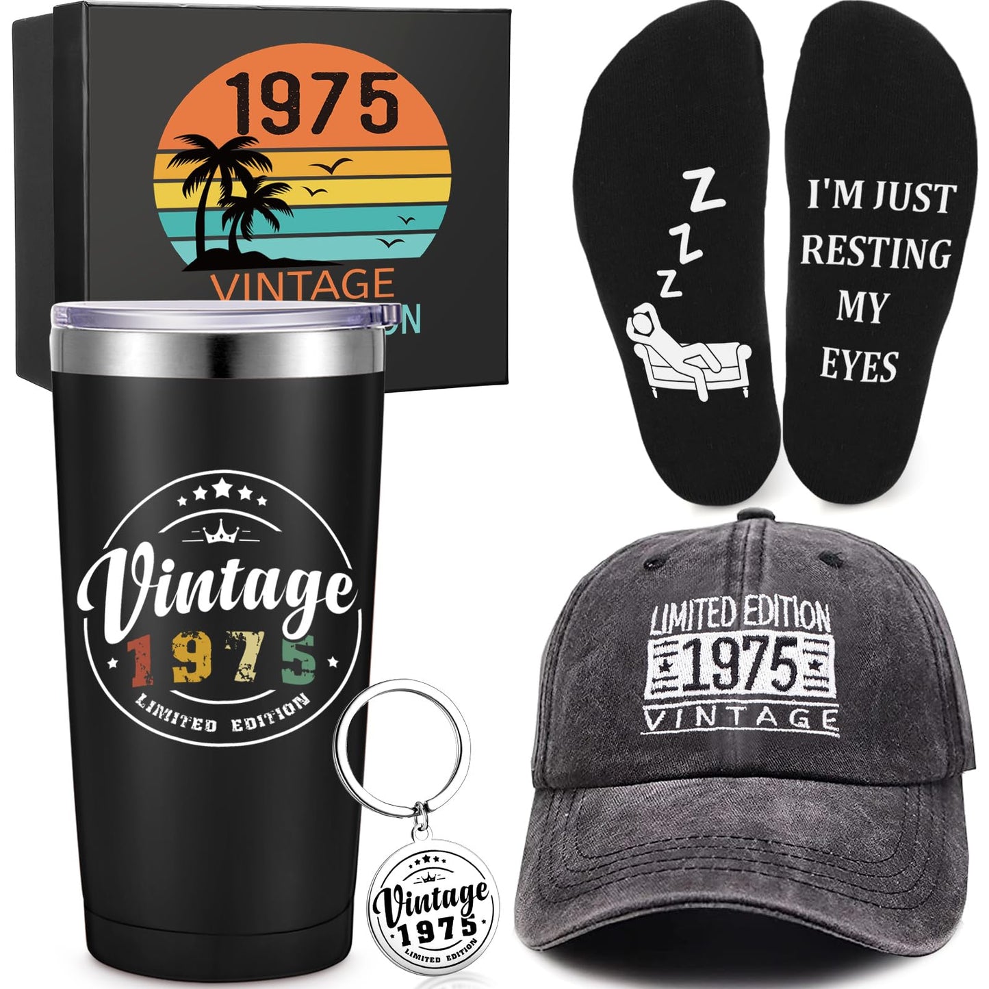 Sieral 5 Pcs 50th Birthday Gifts for Men 50th Birthday Present for Him Include Cup Baseball Cap Socks Keychain Gift Box