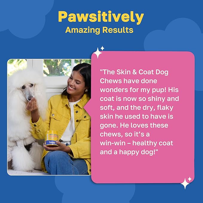 Happy Paws Skin and Coat Supplement for Dogs, Shedding & Dog Hair Growth Support for All Breeds & Ages, Made with Coconut Oil & Vitamin B12, Vegan Chicken Flavor, Organic, Non GMO, (100 Chews)