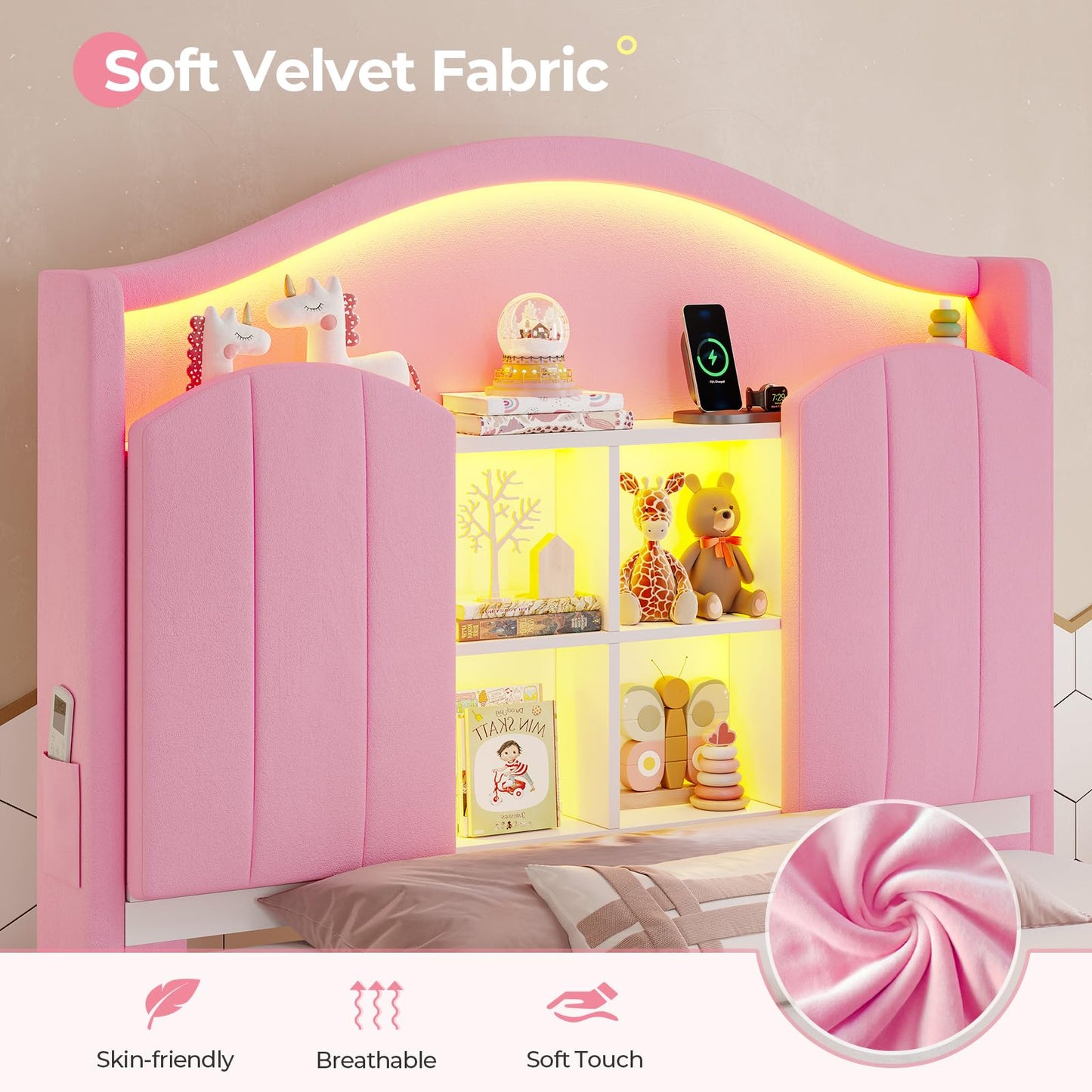 BTHFST Twin Girl Bed with LED Lights & Charging Station, Upholstered Storage Headboard Platform Twin Size Princess Bed Frame, No Box Spring Needed/Noise-Free/Easy Assembly, Pink