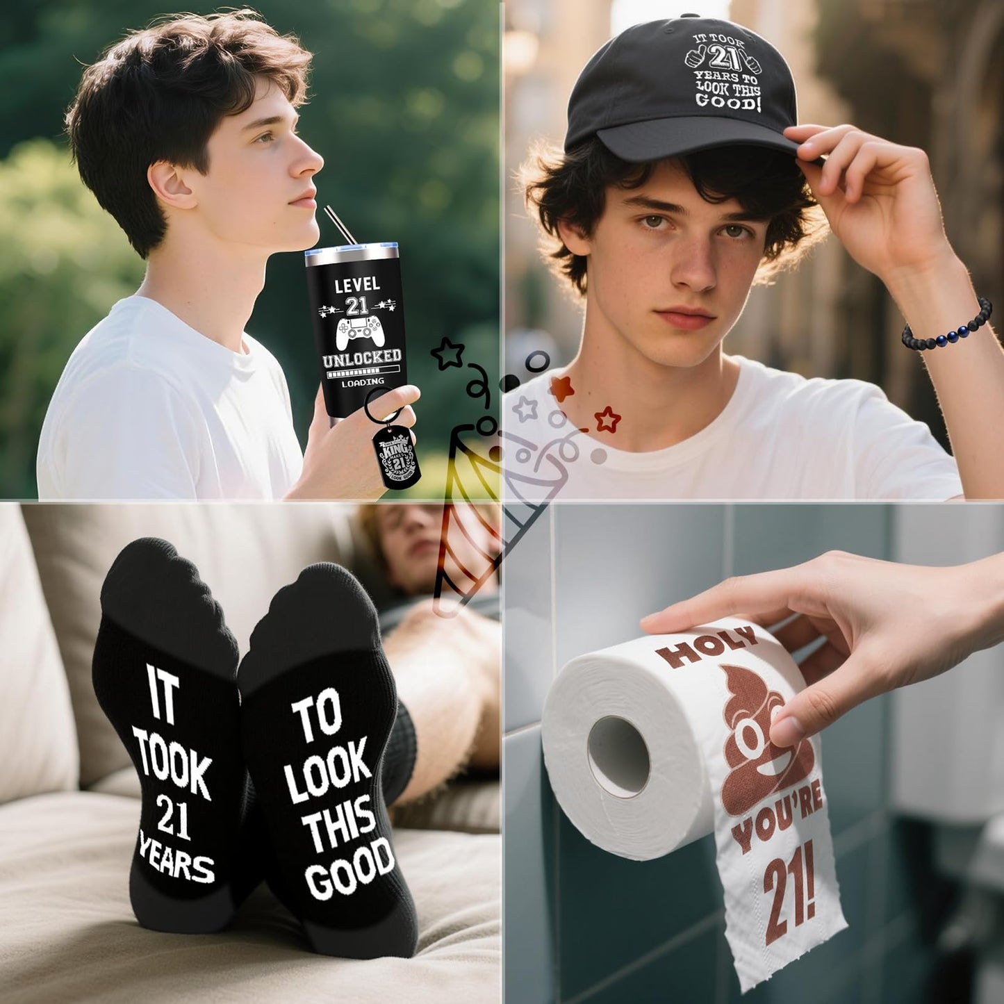 JTAMOHI 9 Pcs Happy 21th Birthday Gifts for Boys, 21 Year Old Boy Birthday Gifts with 20 Oz Tumbler, Funny Socks, Toilet Paper, Bracelet, Baseball Cap, Keychain for Son, Nephew, Grandson, Brother