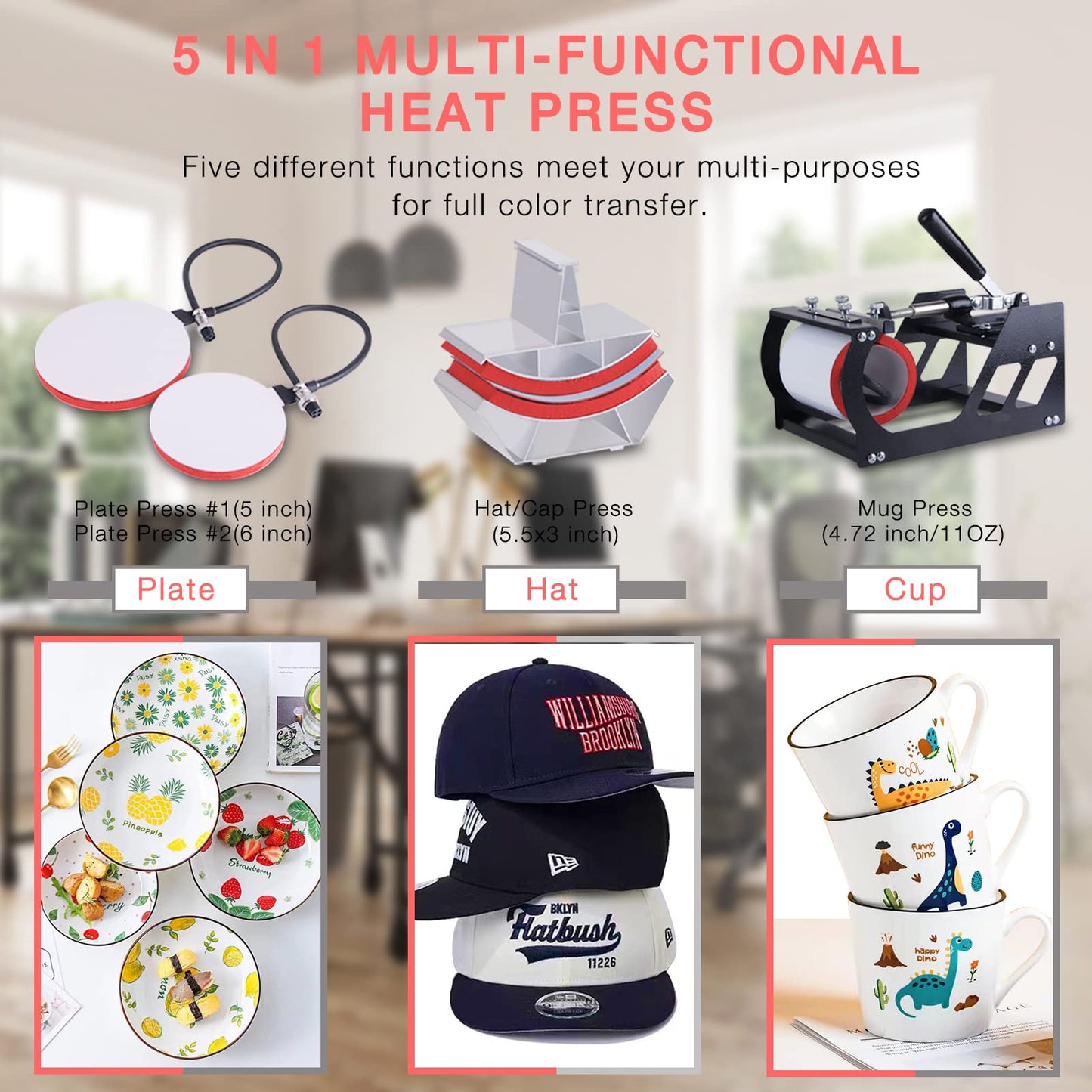 OIIEE Heat Press Machine 5 in 1 Combo Heat Press 12 x 15 Inch Heat Transfer Machine 360-Degree Swing Away Digital Shirt Printing Multifunction Heat Transfer Sublimation for T Shirts Mugs Hat Plate Cap