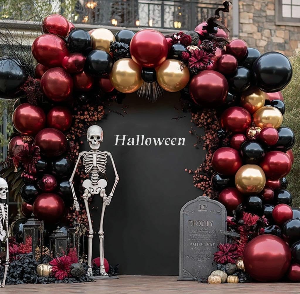 Burgundy Black Gold Balloon Garland - Double Stuffed Dark Red Gold Balloons Maroon Black Balloon Arch Kit for Birthday Graduation Valentine Ceremony Prom Party Decoration