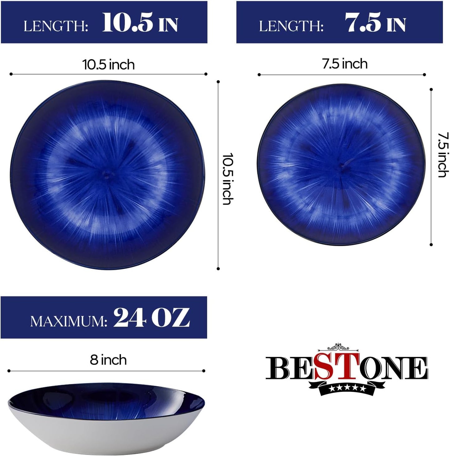 Bestone Porcelain Dinnerware Sets Service for 4, 12 pcs Hand drawn Plates and Bowls Sets, Handmade Ceramic Dish Set, Chip Resistant Modern Plate Set, Dishwasher/Microwave Safe，Dark Blue