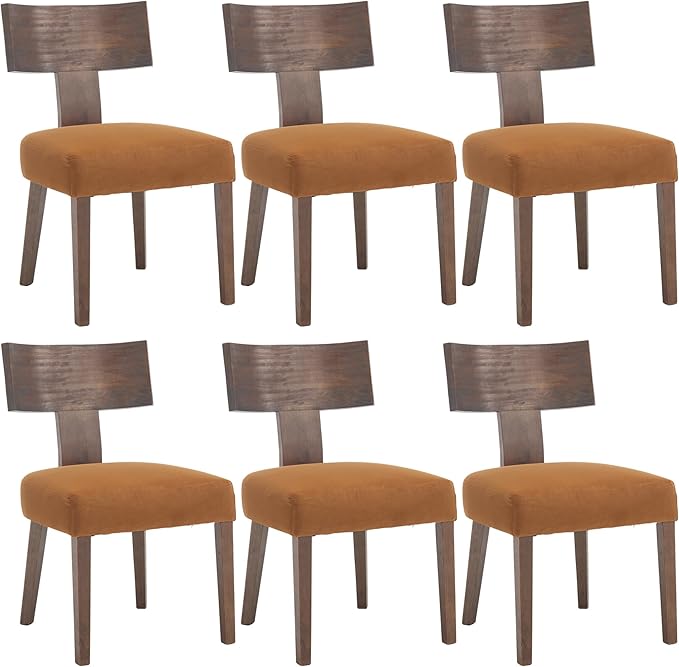 DM Furniture Velvet Dining Room Chairs Set of 6, Mid Century Modern Armless Side Chair with Solid Wood Legs and Curved Backrest for Living Space, Brown