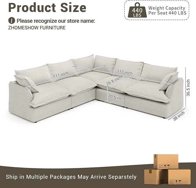 Lopzeho Oversized Modular Sectional Sofa, 5 Seater V Shaped Modular Couch with Washable Cover, Comfy Down Fill Cloud Couch, Light Grey