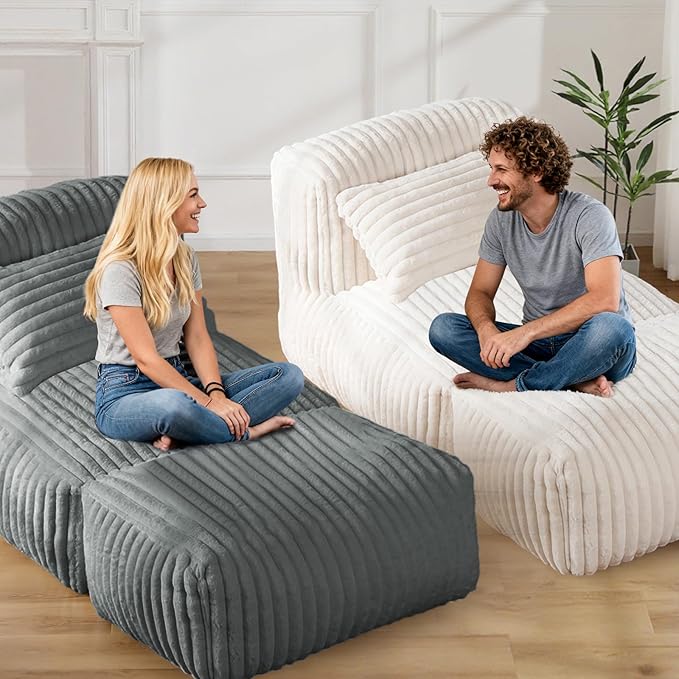 Giant Bean Bag Lounger Sofa with Pillow, Large Beanbag Chair for Adults, Oversized Comfy Beanbag Lazy Floor Sofa, Bean Bag Couch with Memory Foam Filled for Living Room, Bedroom, Gray