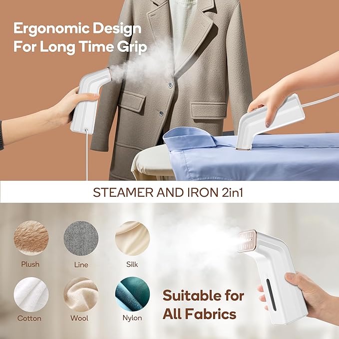 Travel steamer for clothes,100V-240V dual voltage steamer & iron 2 in 1,integrated 170ml tank 25s fast heat-up,1.2lbs portable fabric iron,handheld steaming wrinkles remover for garments(Panda colors)