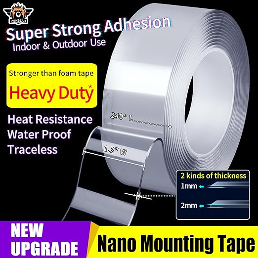 Extra Large 1.2" x 240" Double Sided Mounting Tape Heavy Duty, Clear & Tough Nano Adhesive Tape Multipurpose Removable Tape