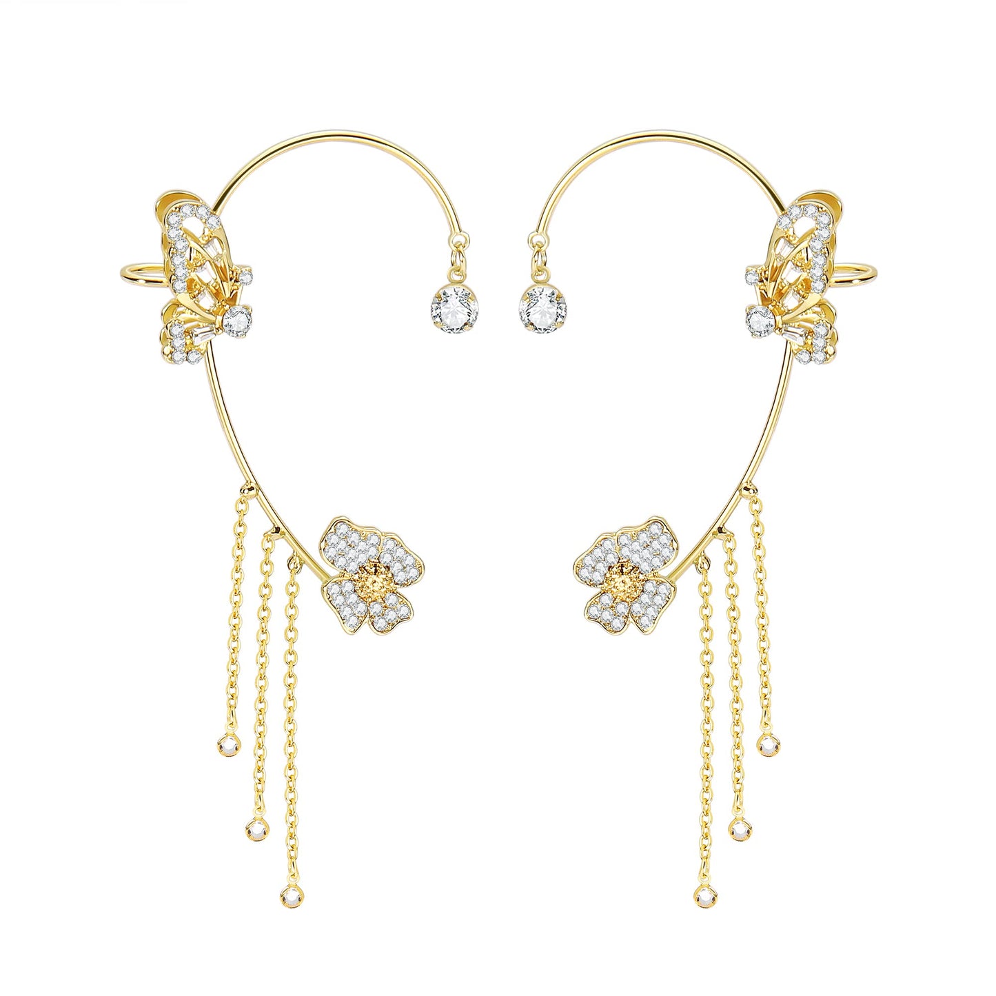 MelleFlarynsun 2Pcs Butterfly Tassel Style Zircon Earrings Ear Cuff for Women Gold Tassel Earrings Non Pierced Flower Wrap Around Ear Clips Fairy Earring Butterfly Dress Jewelry
