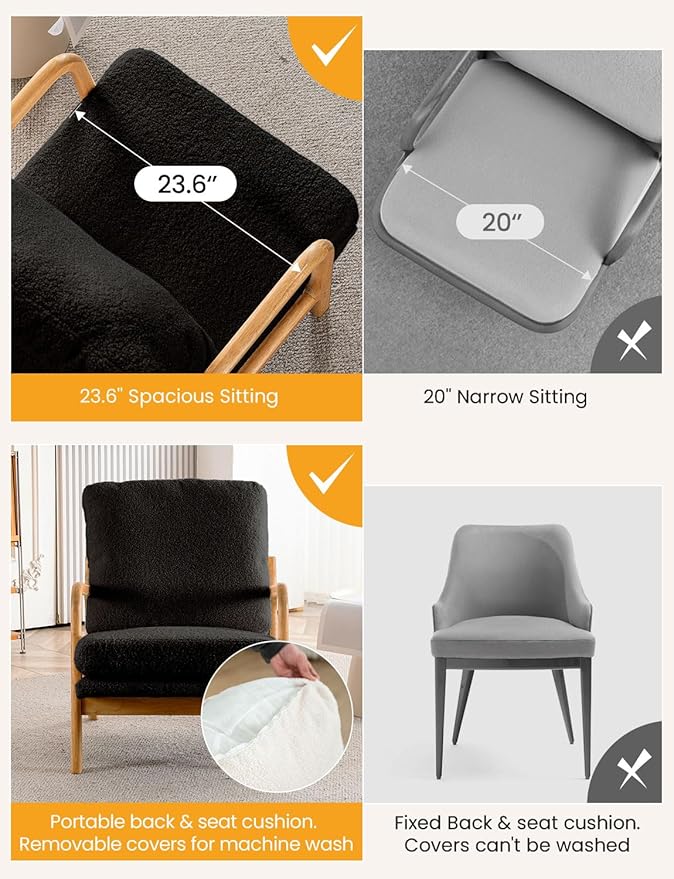 Mid Century Modern Accent Chairs for Living Room, 23” Wide Comfy Chair for Bedroom, Small Cozy Sherpa Reading Chairs for Adults, 108° Lounge Arm Chair Indoor with Detachable Cover, 5.5" Foam Cushion