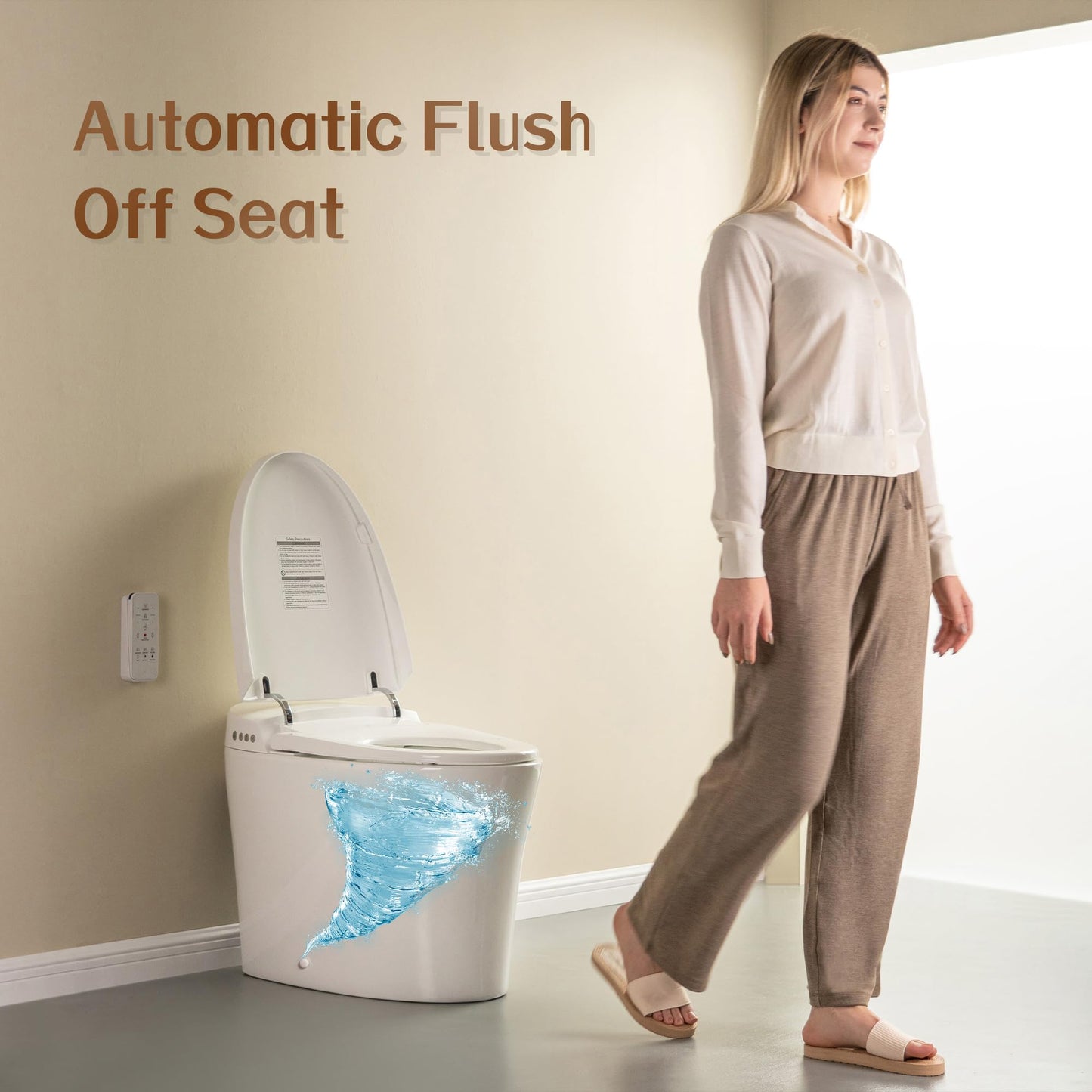 WOODBRIDGE B0970S Smart Tankless Toilet Elongated One Piece Chair Height, Auto Flush, Foot Sensor Operation, Heated Seat with Integrated Multi Function Remote Control in White