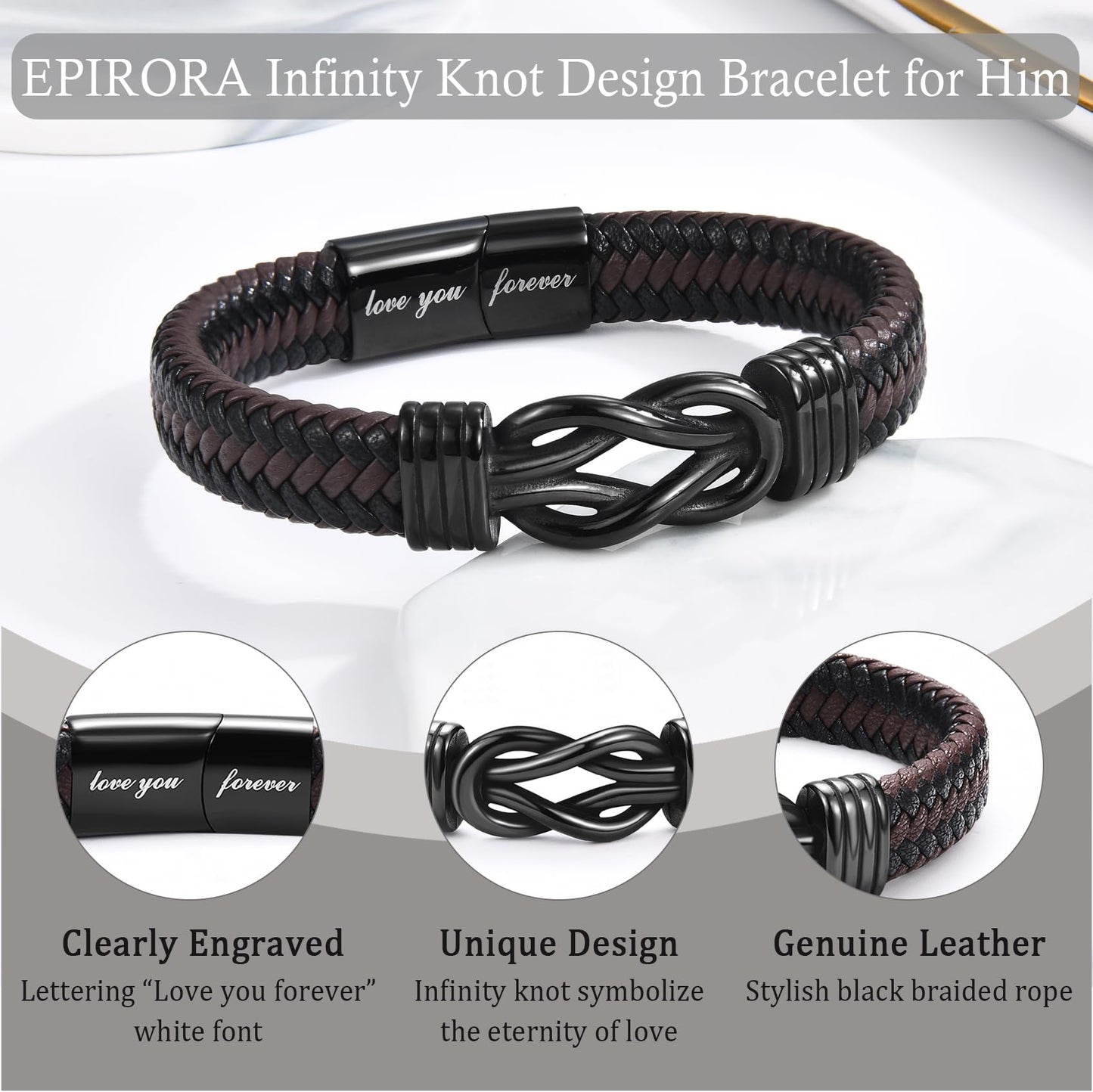 EPIRORA Gifts for Brother- Brown Braided Leather Bracelets Stainless Steel Infinity Knot Bangle for Men & Boys, Christmas Stocking Stuffers Birthday Valentine's Day Brother Gifts