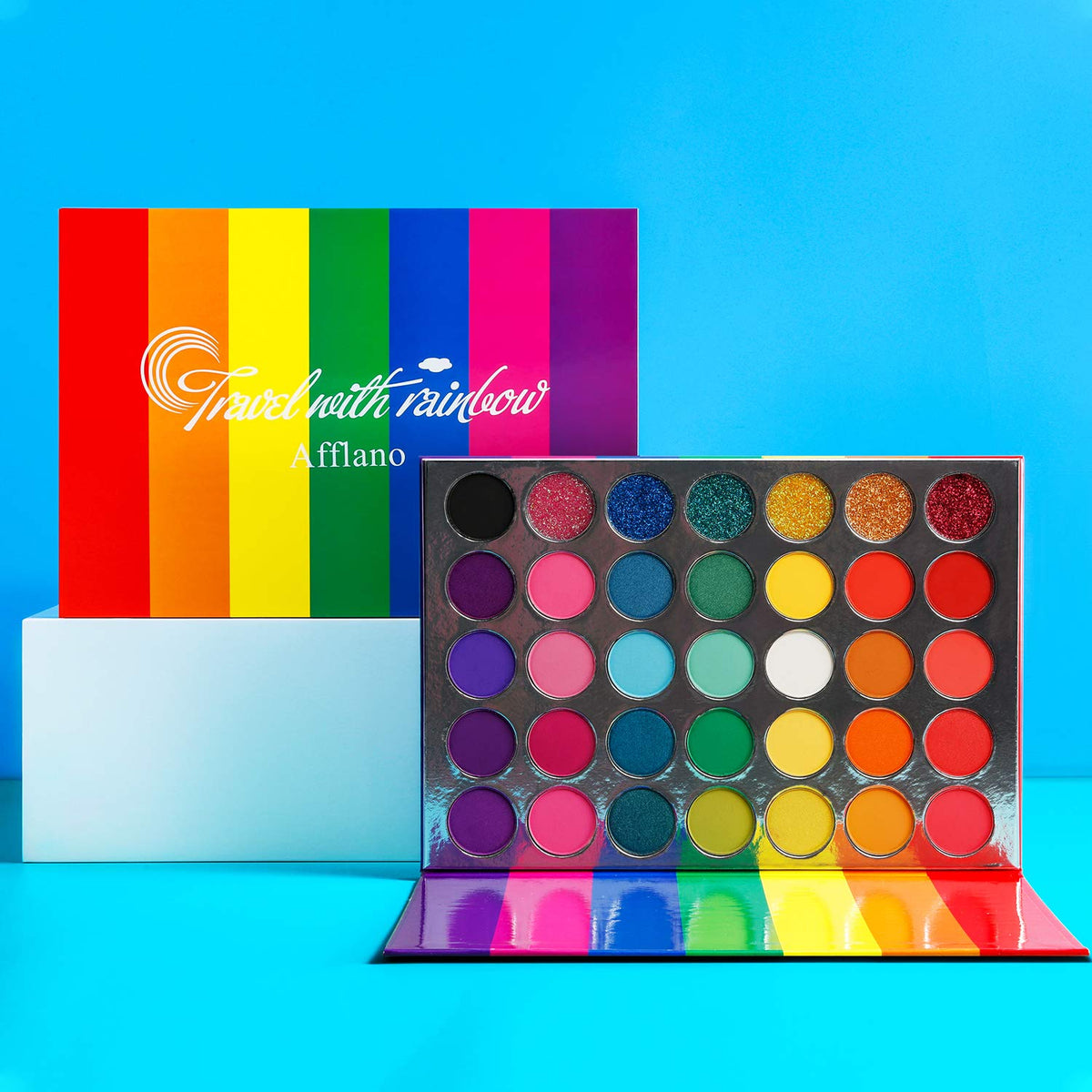 Afflano Rainbow Eyeshadow Palette Matte Shimmer Pressed Glitter, Pigmented Colorful Eye Shadow Pallets, Pink Red Orange Yellow G