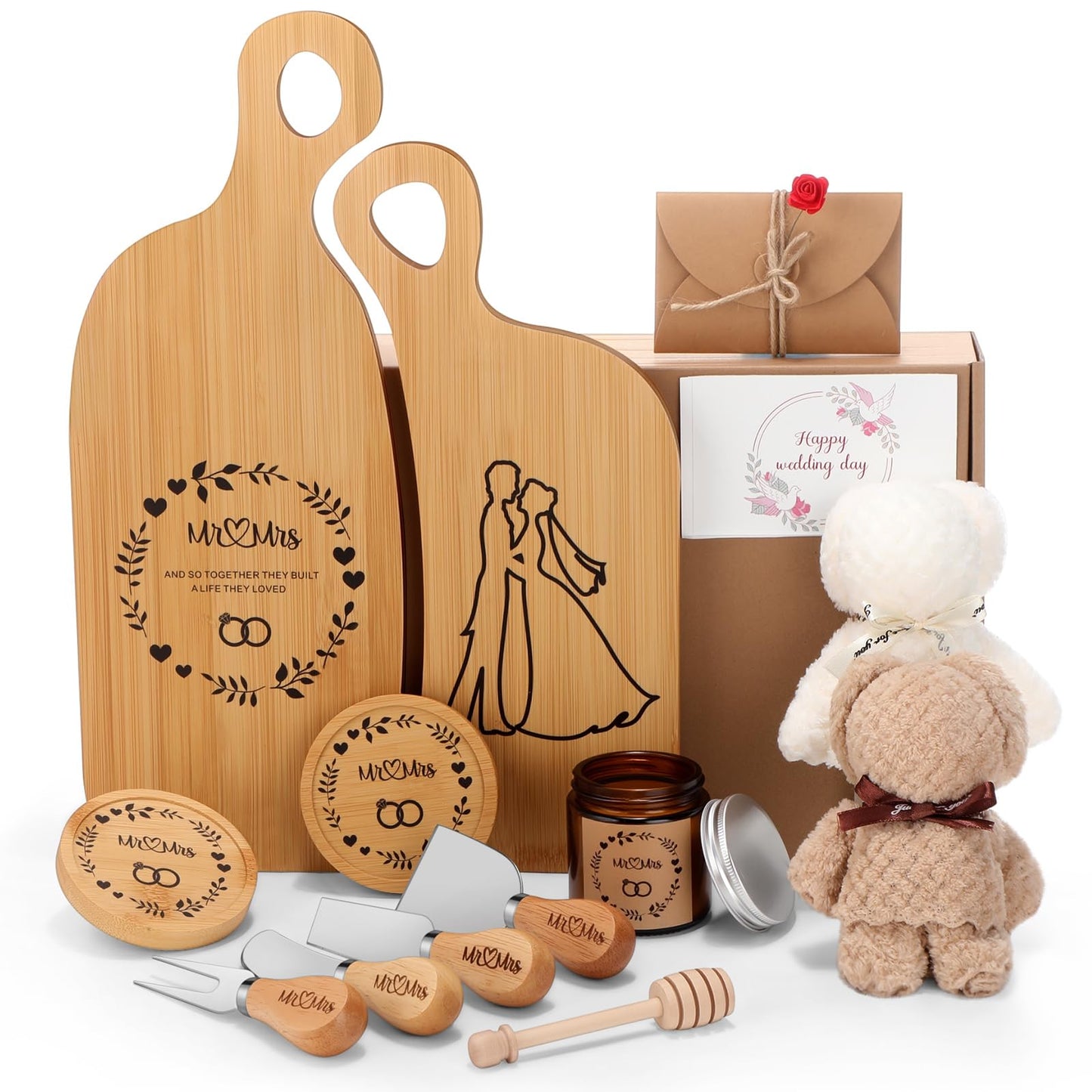 Ziliny Wedding Gifts for Couples 2025 Cutting Board Set 15 Pcs Mr and Mrs Bridal Shower Wedding Gifts Include Cutting Board Coaster Scented Candle Cheese Tableware for Engagement