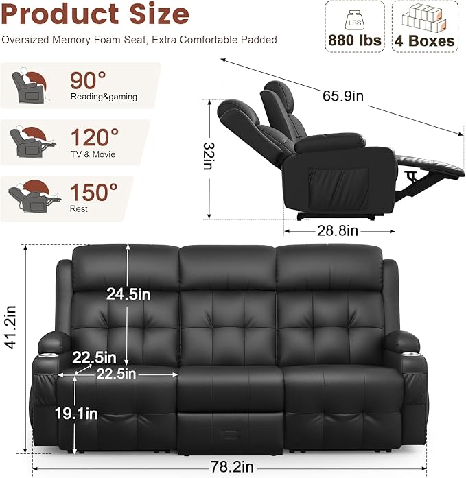 Aotolo Recliner Sofa, Massage Reclining Sofa 3 Seater Sets Heavy Weight Capacity, RV Loveseat Couch Clearance with Flip Back Console, Storage, Cup Holders, Wall Hugger Reclining Couch for Living Room