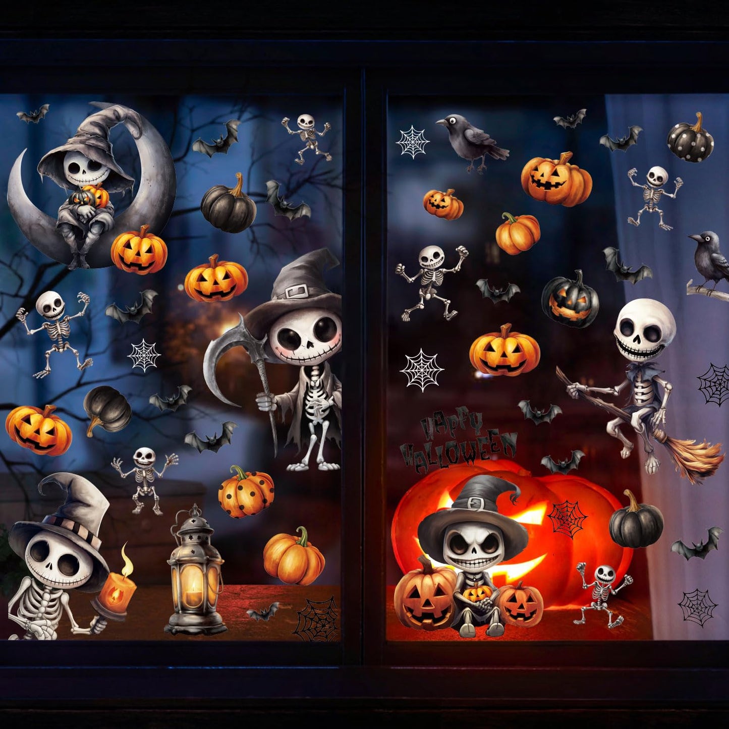 CCINEE 8 Sheet Spooky Skeleton Halloween Window Clings Sticker, Double Sided Skeleton Bat Pumpkin Gel Window Clings for Halloween Party Glass Decals Indoor Mirror Wall Decoration