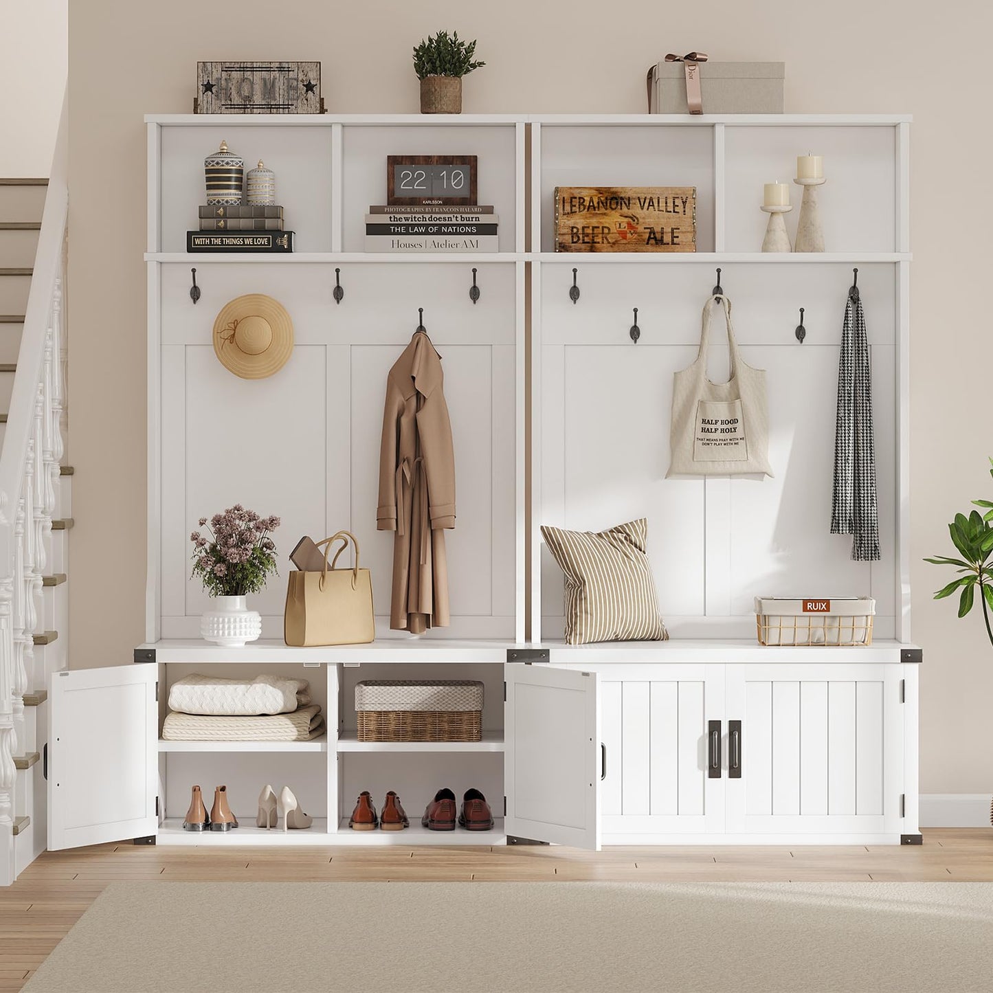 GarveeHome Hall Tree with Shoe Storage Bench, 4-in-1 Entryway Bench with Coat Rack & Adjustable Shlef & 2 Wood Door, Hall Tree with Metal Corner & 5 Tri-Hooks for Entryway,Bedroom, Living Room, White