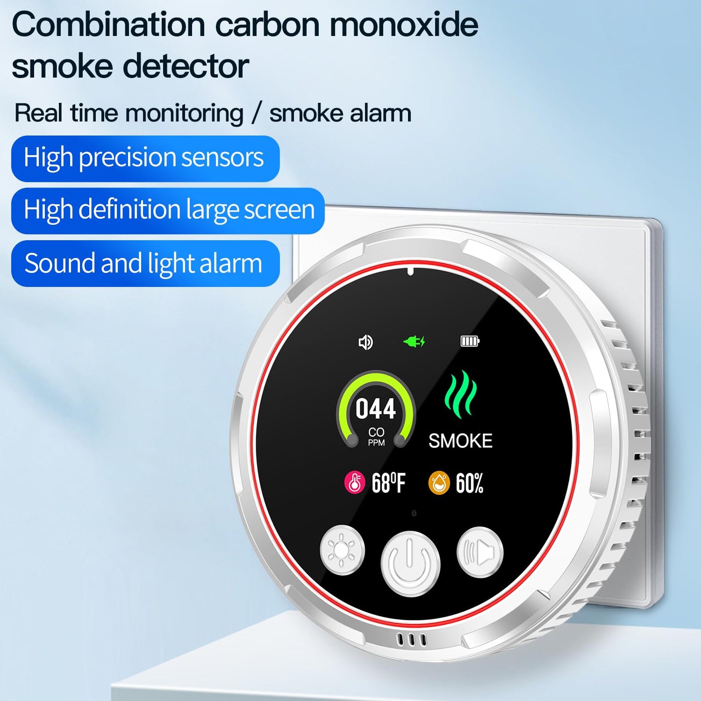 HAKINAKU 4-in-1 Plug in Smoke & Carbon Monoxide Detectors Combo Built-in 1000mAh Backup Battery Plug&Play 85dB Alarm [CO Smoke Temp Humidity Combination] Senor for Home Hotel Travel (White, 1 Pack)