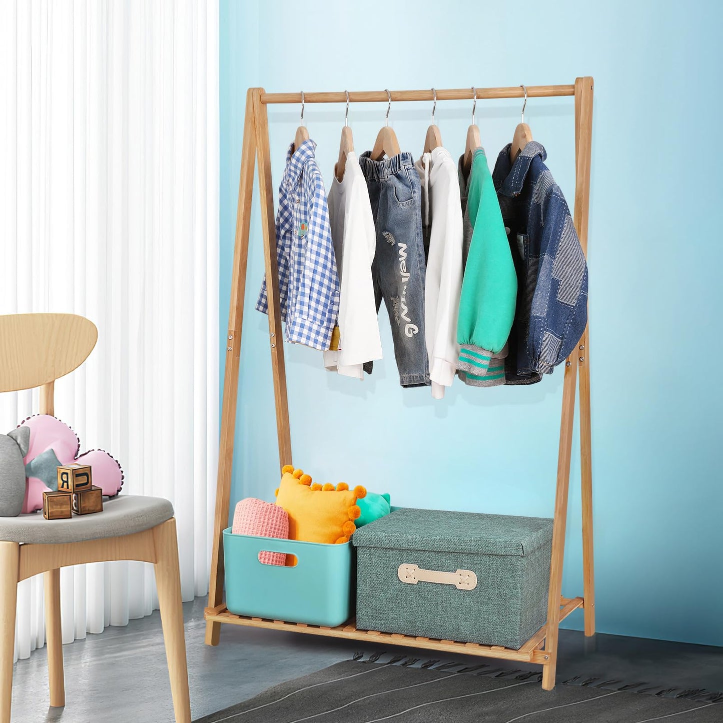 Jotsport Small Clothes Rack Kids Dress Up Storage for Playroom, Toddlers Bedroom, Bamboo Child Garment Rack with Storage Shelf, Kids Clothing Rack Costumes Organizer