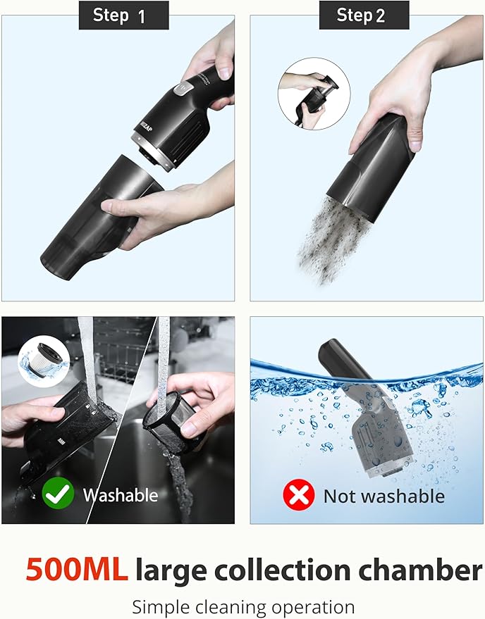 Handheld Vacuum Cleaner, Cordless & Rechargeable, 15KPa Powerful Suction, 30-Min Runtime, 500ML Dust Cup, for Pet Hair/Car/Home