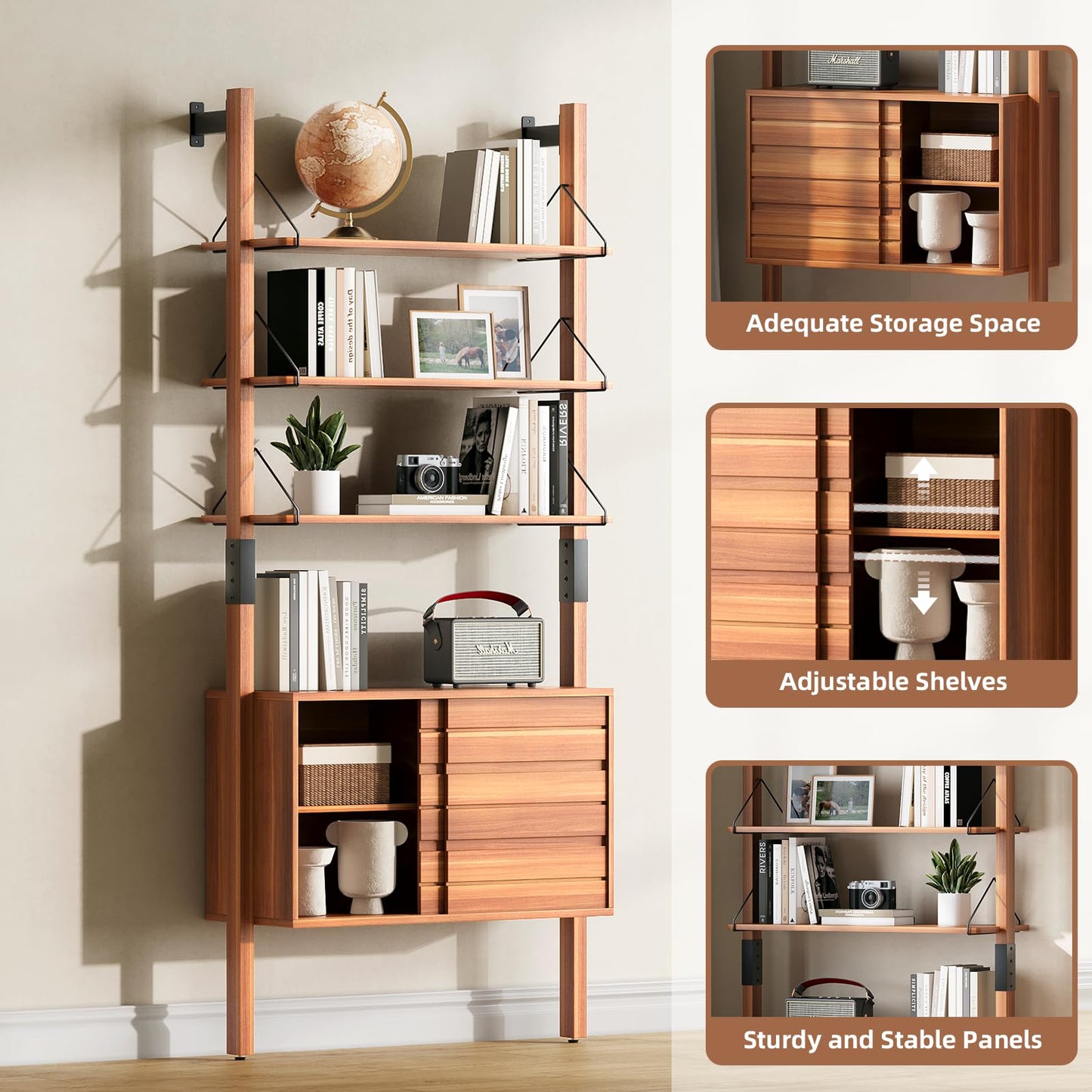 JOINICE, Ladder Bookshelf with Storage Cabinet, Mid Century Modern Bookcase, Wall Mounted Bookshelf with Wood and Metal Frame, 6 Tier Open Display Rack for Living Room, Bedroom, Home Office, Cherry
