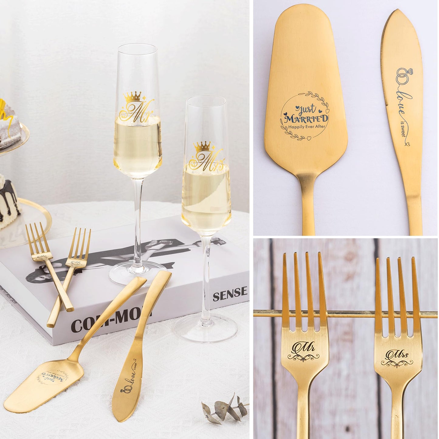 iooiluxry Gold Wedding Cake Knife and Server Set, Mr and Mrs Champagne Flutes Glasses with Cake Cutting Set for Wedding Bridal Shower Gifts