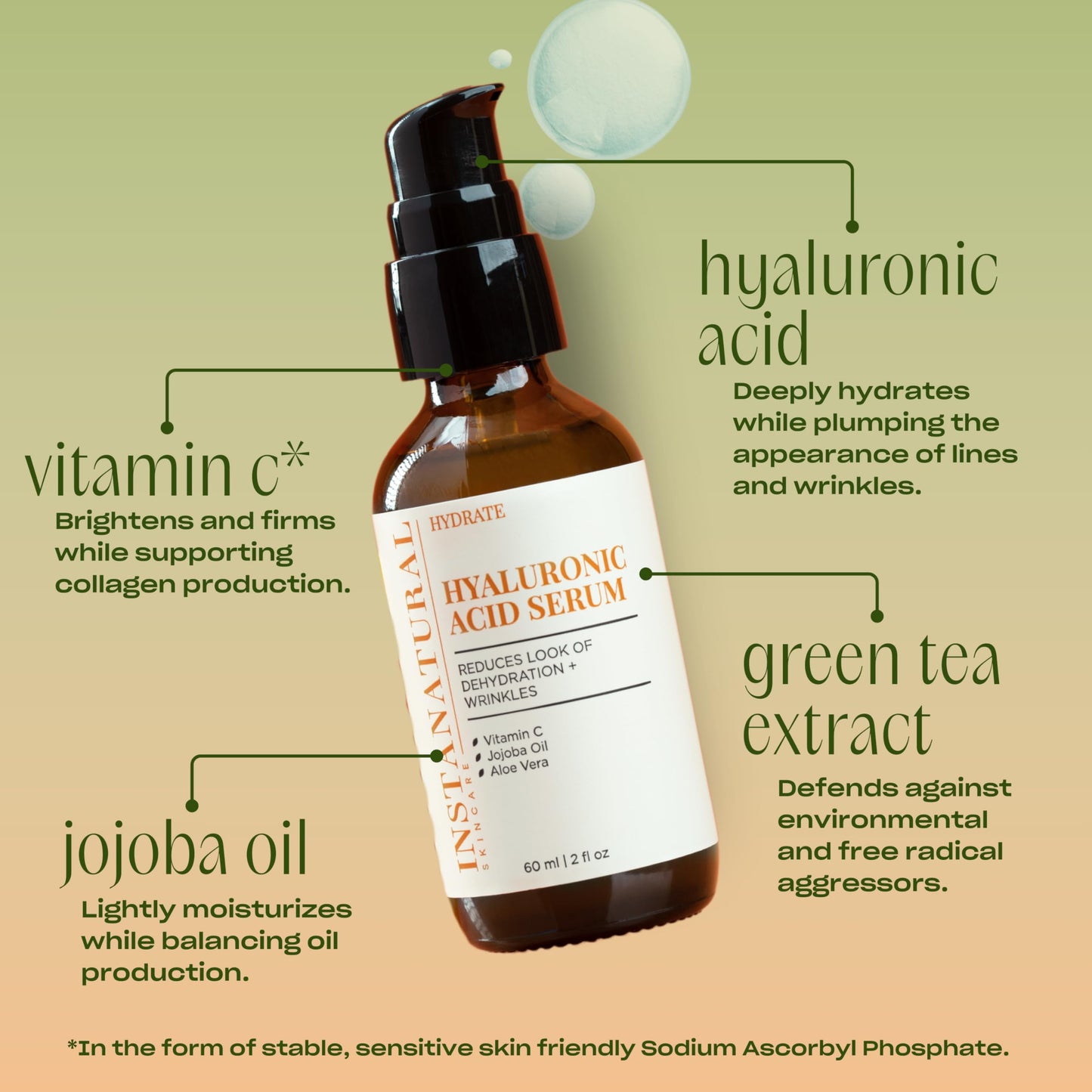 InstaNatural Hyaluronic Acid Serum for Face, Brightens, Hydrates, Reduces the Look of Fine Lines and Wrinkles, with Vitamin C, J
