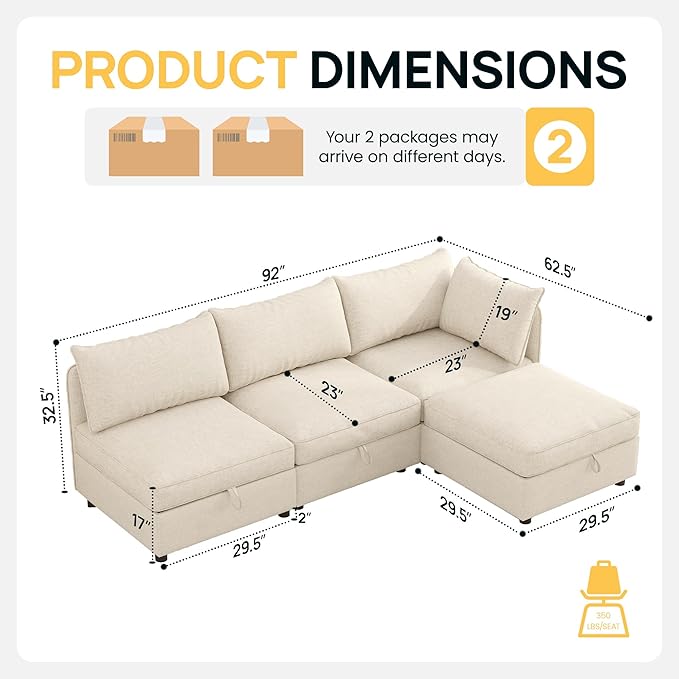 FIRLZY Modular Sectional 4 Seater Sofa with Removable Covers and Storage, Convertible L-Shaped and Sleeper Sectional, Modern Upholstered Couch with Removable Ottoman for Living Room, Beige