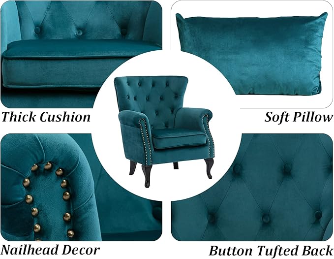 DM Furniture Mid Century Accent Chair Modern Button Tufted Armchair Wingback Club Chair Velvet Single Sofa Lounge Chair with Pillow for Living Room Bedroom, Teal Blue