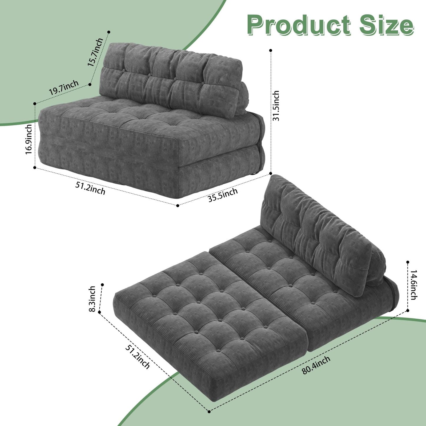 Garvee Folding Sofa Bed, Futon Sofa Bed, Floor Folding Couch for Living Room, Convertible Sleeper Chair with Pillow Foldable Mattress Back Support, Portable Fold Out Couch, Full Corduroy Dark Grey