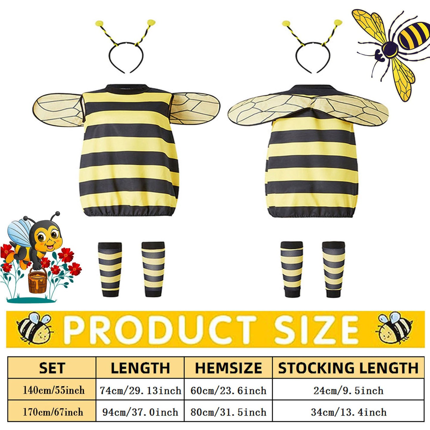 TUSAUW Bee Costume Toddler Halloween Costumes for Girls Womens Kids Adults Halloween Cosplay Costume Role Play Dress Up with Headband Jacket Wings Leggings for Halloween Theme Party(Size L)