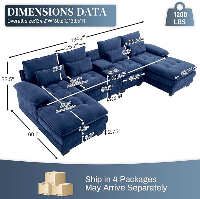 BEQAI 134"U Shaped Sectional Couches for Living Room,Oversized Modular Sectional Fluffy Couch with Chaise Lounge & Tufted Buttons,Modern Chenille 6 Seat Living Room Sofa Set with Storage Console, Blue