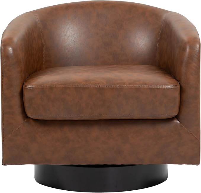 UIXE 360° Swivel Barrel Accent Chair Armchair, Faux Leather Modern Round Club Arm Chair Upholstered Single Sofa Seating Corner Nook Side Reading Seat for Living Room, Office, Bedroom - Coffee Brown