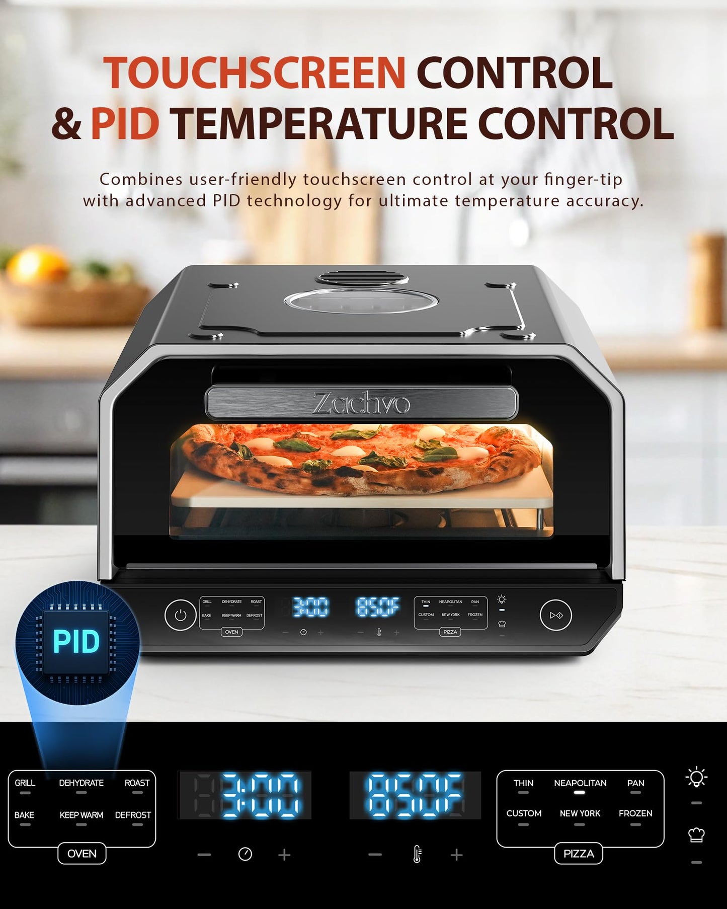 Indoor Pizza Oven, 12 Inch Pizza in 90 Seconds, Heats up to 850°F Pizza Maker, 12-in-1 Multi-Function with Bake, Roast, Grill & Dehydrate, 12 Touchscreen Presets, Pizza Stone & Peel Included, Black