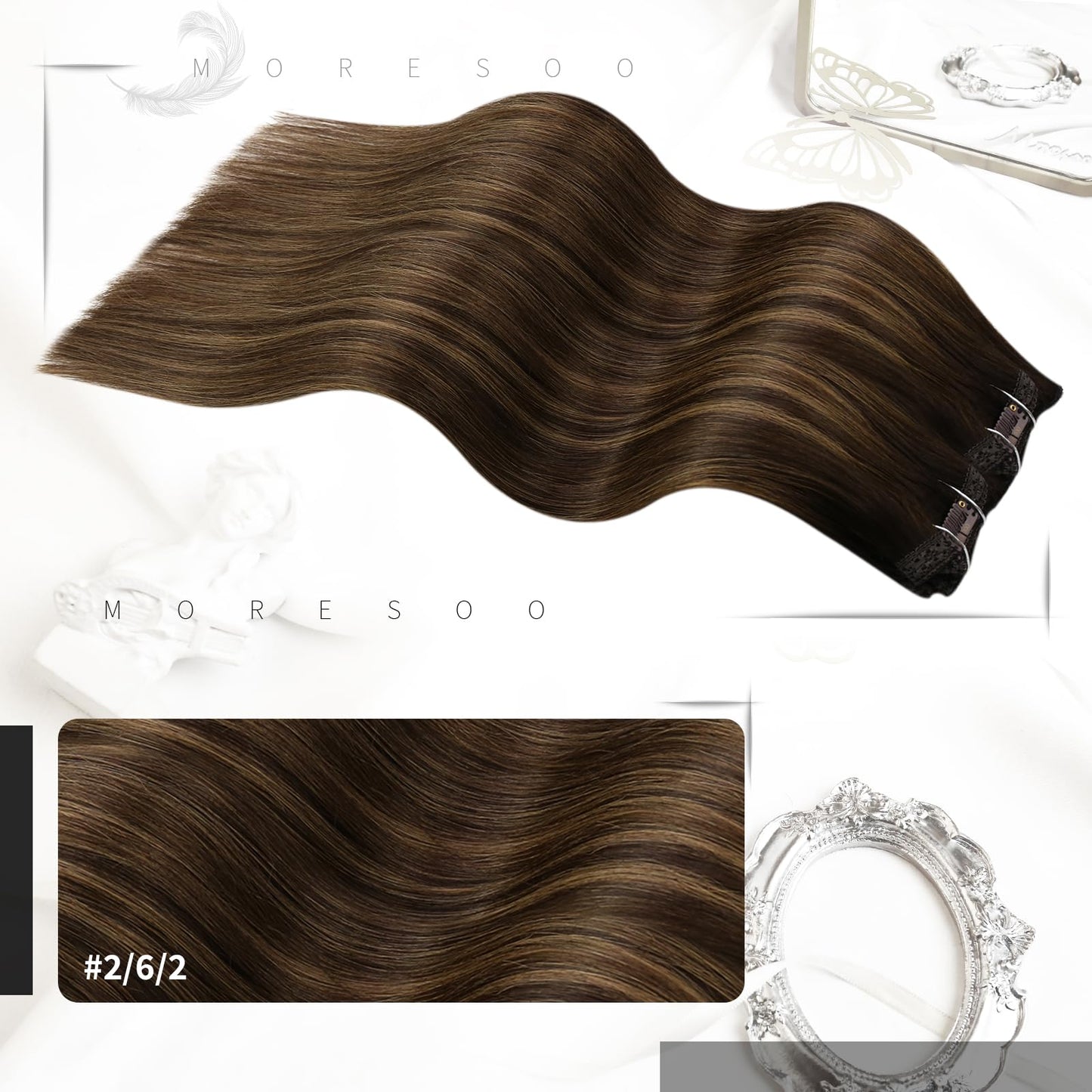 Moresoo Clip in Hair Extensions Real Human Hair Ombre Dark Brown to Chestnut Brown Double Weft Clip in Human Hair Extenisons Bal