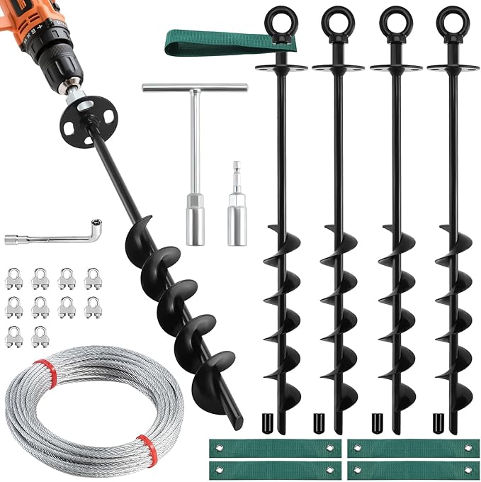 Ciyivak 18'' Ground Anchors Screw in Heavy Duty, Shed Anchor Kit with Straps & Steel Cable & Tools, Earth Anchors for Mobile Home, Carports, Swing Set, Tree, Trampoline - Secure Against High Winds(4)