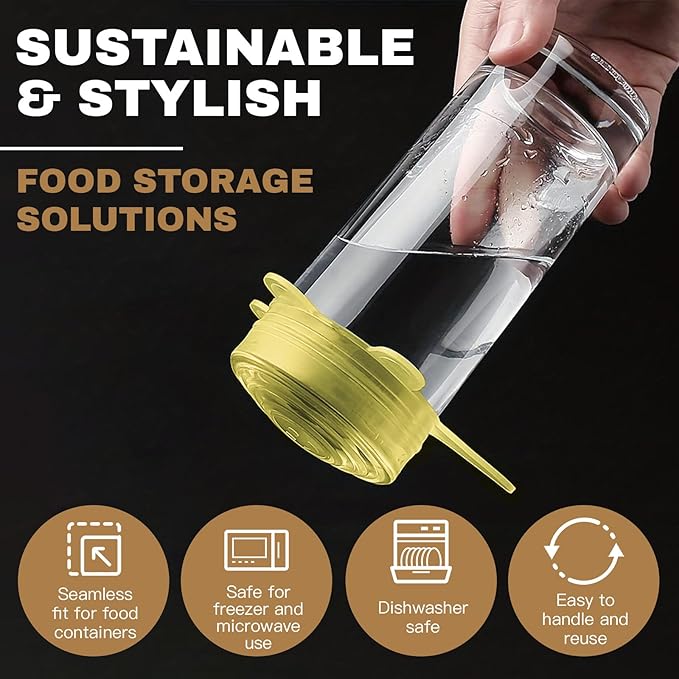 Reusable Silicone Stretch Lids – 18PCS Round & Square Stretchy Food Covers, Airtight & Leakproof, Microwave & Dishwasher Safe Yellow