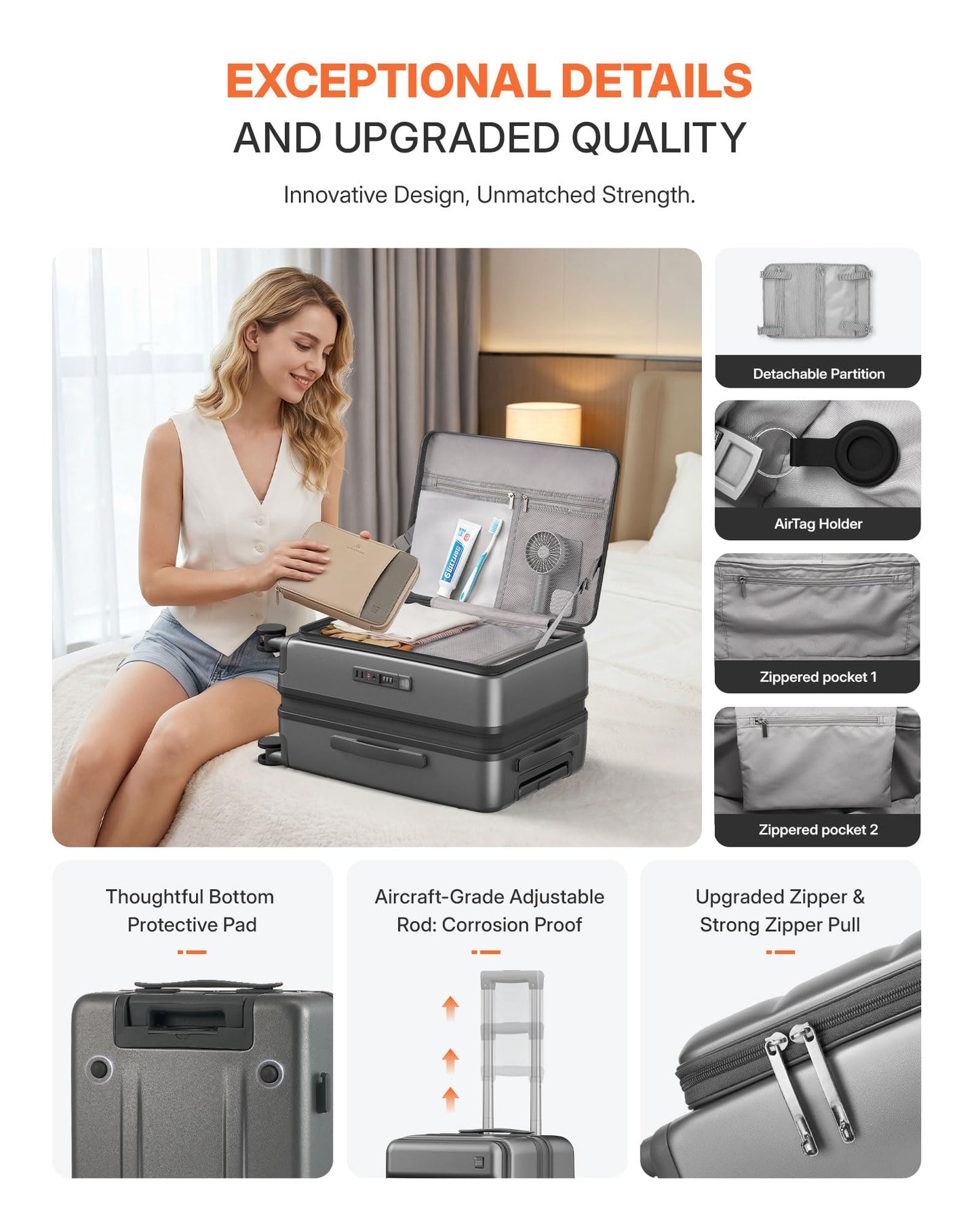 ISLAND ELEPHANT Expandable 20Inch Carry On Luggage Airline Approved - Top Opening Hardside Travel Suitcase Unbreakable -with Cup Holder,USB Charge,Side Pothook, 360°Spinner Wheels, TSA Lock-Grey