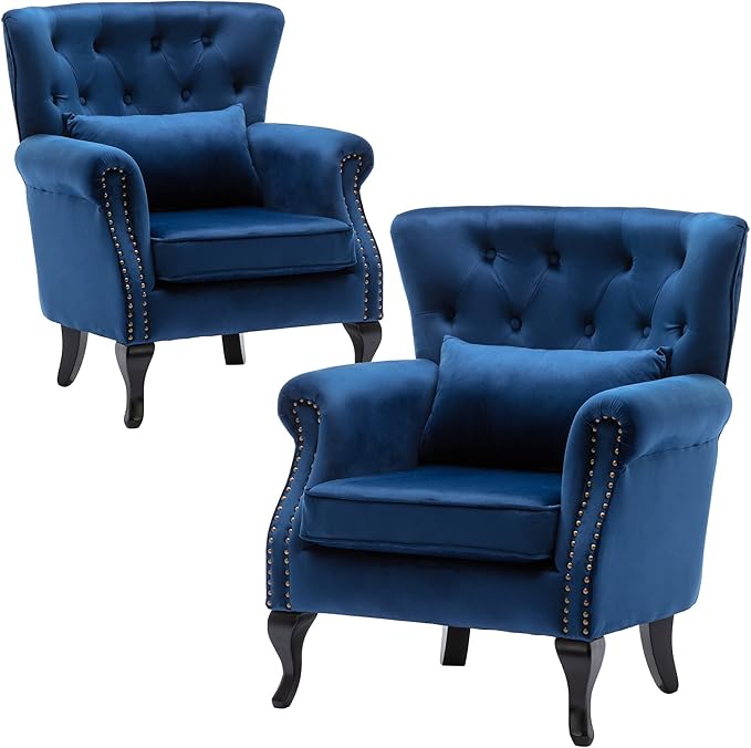 DM Furniture Set of 2 Mid-Century Modern Accent Chair, Velvet Armchair w/Tufted Back/Wood Legs, Upholstered Lounge Arm Chair Single Sofa for Living Room Bedroom, Blue