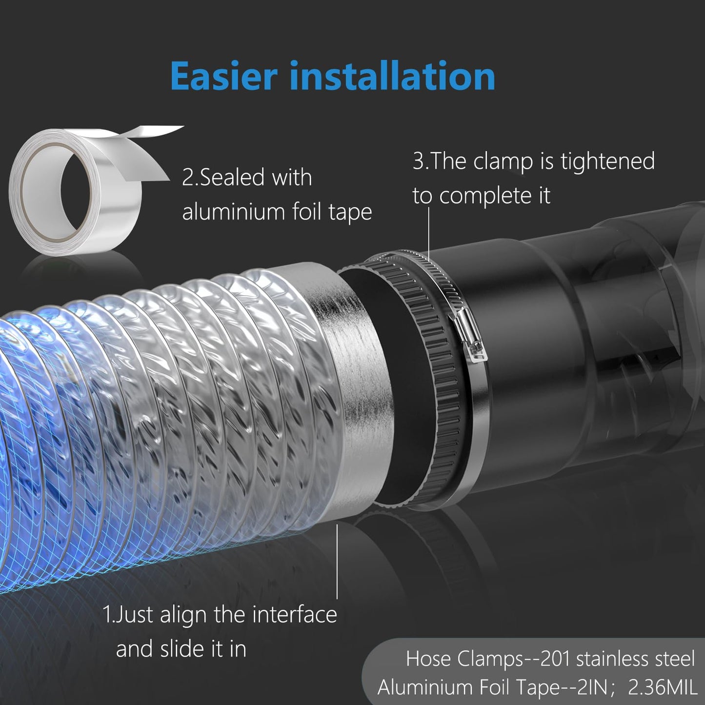 HOOMESUN Dryer Vent Hose 4 Inch 3FT Heavy Duty Flexible Exhaust Duct Hose, Thick(6-ply) Aluminum Foil Insulated Ducting for Tight Space, HVAC Ducting Kit with 2 Clamps and 1 Tape