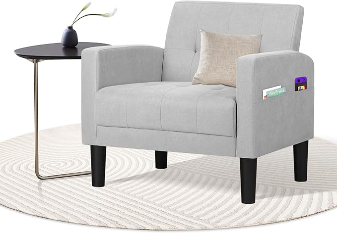 TYBOATLE Accent Chair Living Room Chairs Cozy Tufted Mid Century Modern Accent Chairs with Arms for Bedroom Comfy Reading Arm Chair Small Chairs for Small Spaces Living Room Office (1, Light Grey)