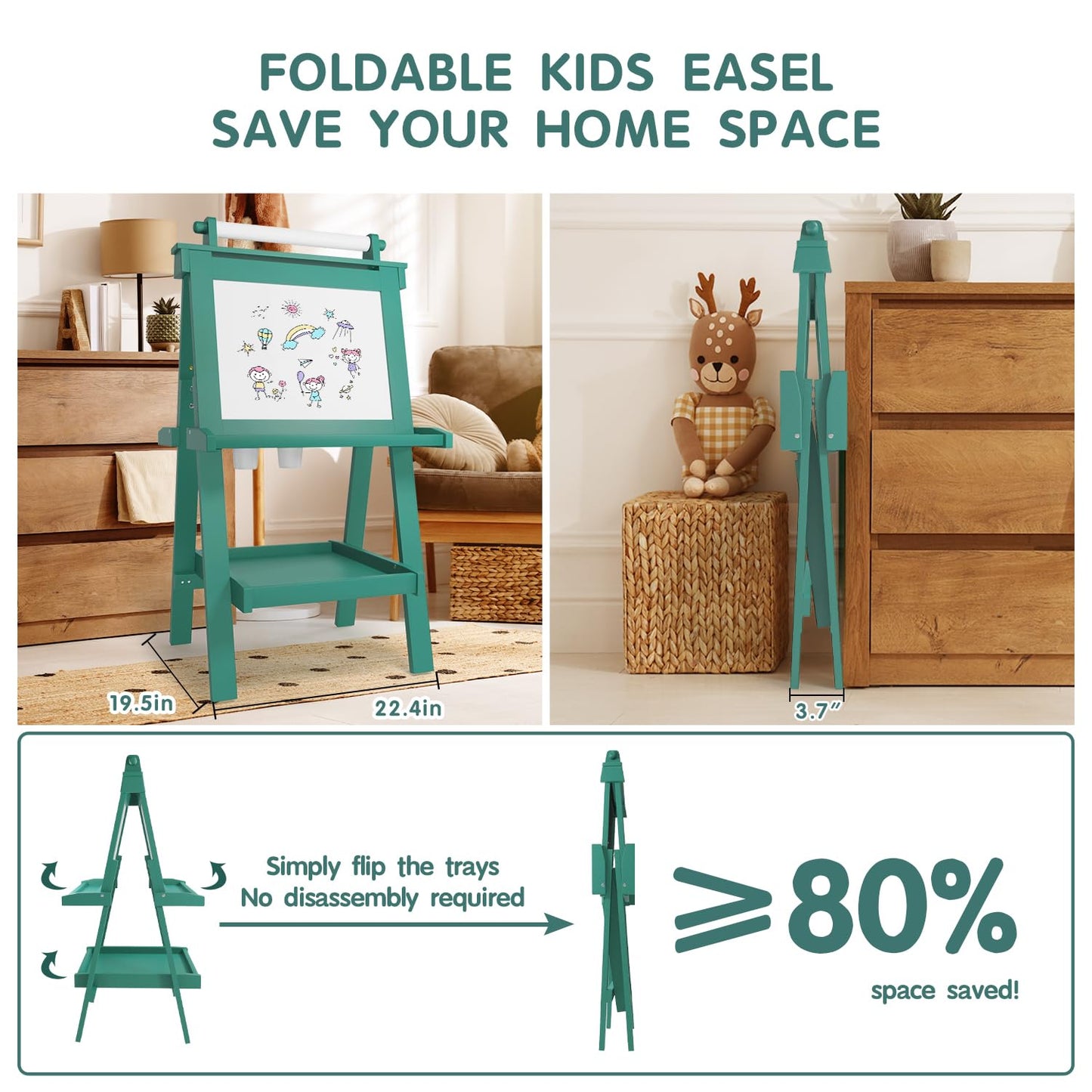 JUZBOT Easel for Kids Deluxe Foldable All-in-1 Toddler Easel with Paper Roll& 84pcs Accessories Magnetic Chalk-Whiteboard Art Center for Kids 3 4 5 6 7 8 Years Old Boys Girls-Green