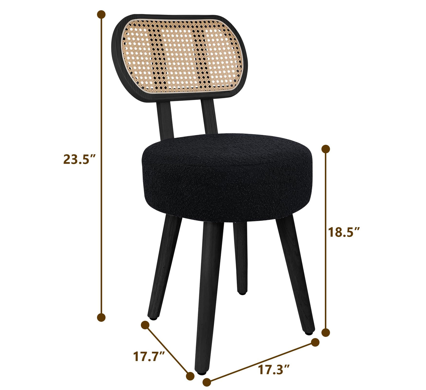 ZYBT Rattan Boho Makeup Vanity Chair for Makeup Room, Small Dining Chair, Mid Century Modern Boucle Chair, Black Cane Dining Chairs, Upholstered Wood Accent Chair, Cute Sherpa Chair with Back, 1 Pc