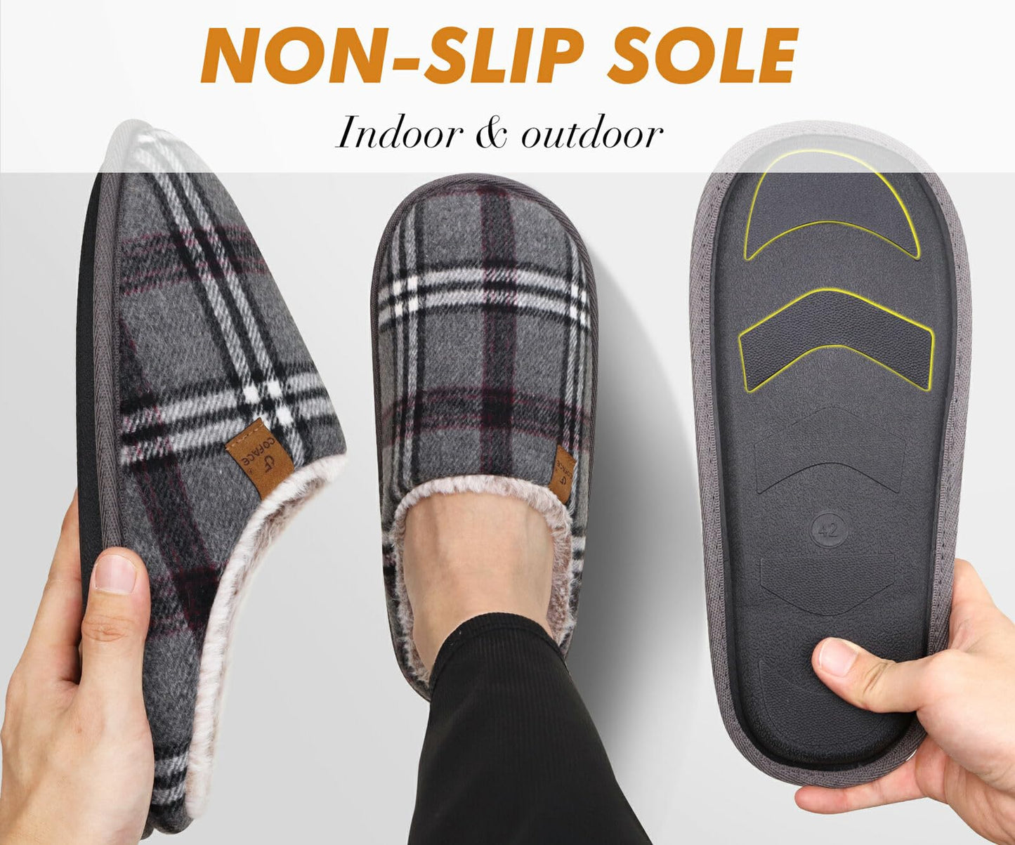 COFACE Mens Grey Flano Plaid Cozy Memory Foam scuff Slippers Slip On Warm House Shoes Indoor/Outdoor With Best Arch Support Size 11