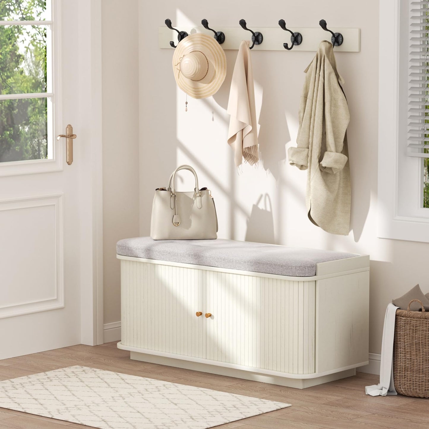 AKMAKM Cream White 39.4" W 2-Tier Shoe Bench | Entryway Bench with Padded Cushion, Sliding Doors & 5 Hooks for Hallway, Mudroom