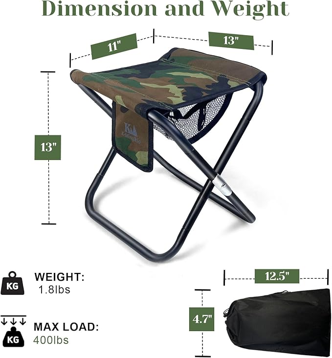 K-MingleSo Upgraded 13 Inch Portable Folding Camping Stool with Side Pocket Mesh Pocket and Molle System, Lightweight Foldable Stool for Adults Gardening Travel BBQ Fishing with Carry Bag[Camo]