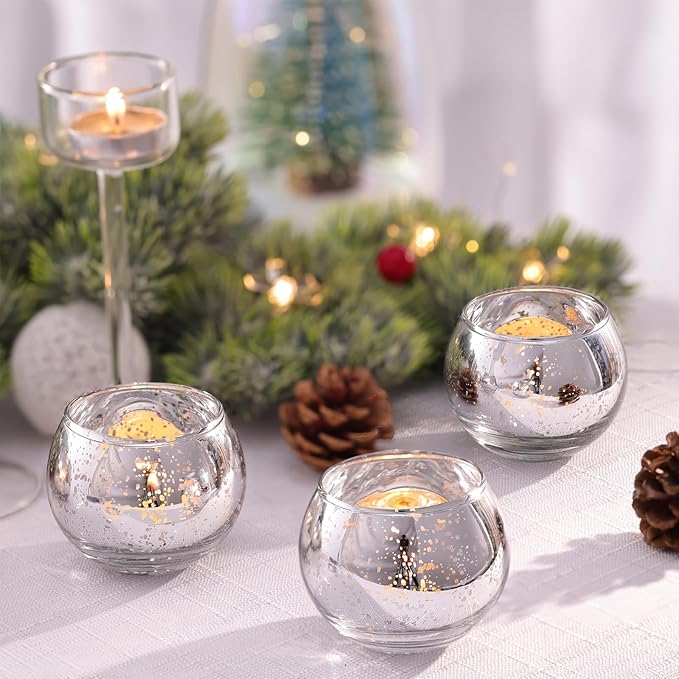 Volens Round Silver Votive Candle Holders, Mercury Glass Tealight Candle Holder Set of 12