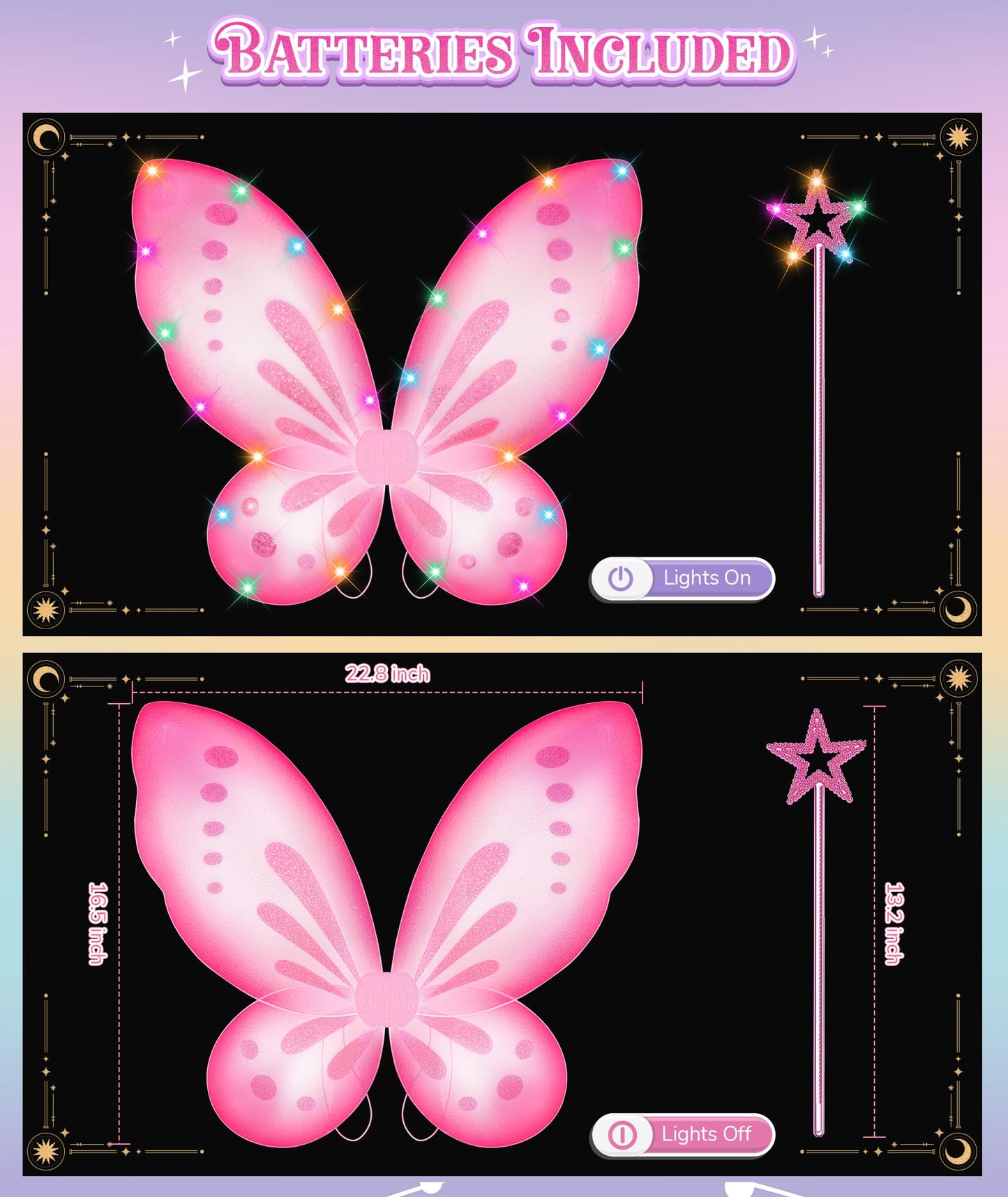 DUDUCOFU Girls Fairy Butterfly Wings with LED Light, Fairy Wings Light Up Star Wands for Girls Kids Women Halloween Dress Up (Pink)