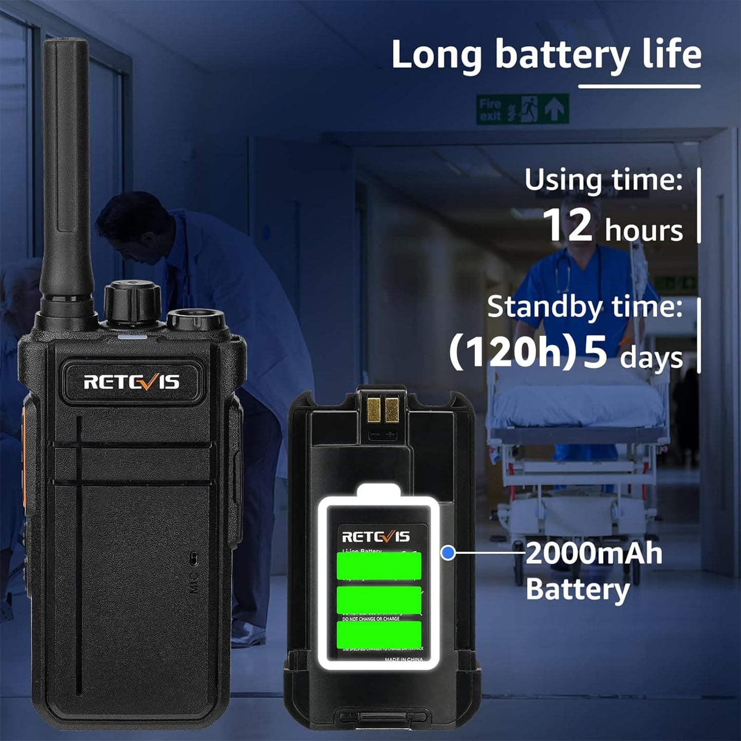 Retevis RB37 Bluetooth Walkie Talkies, 2000mAh, 120h Standby, Wireless Earpiece, Flashlight, Black, 4 Pack