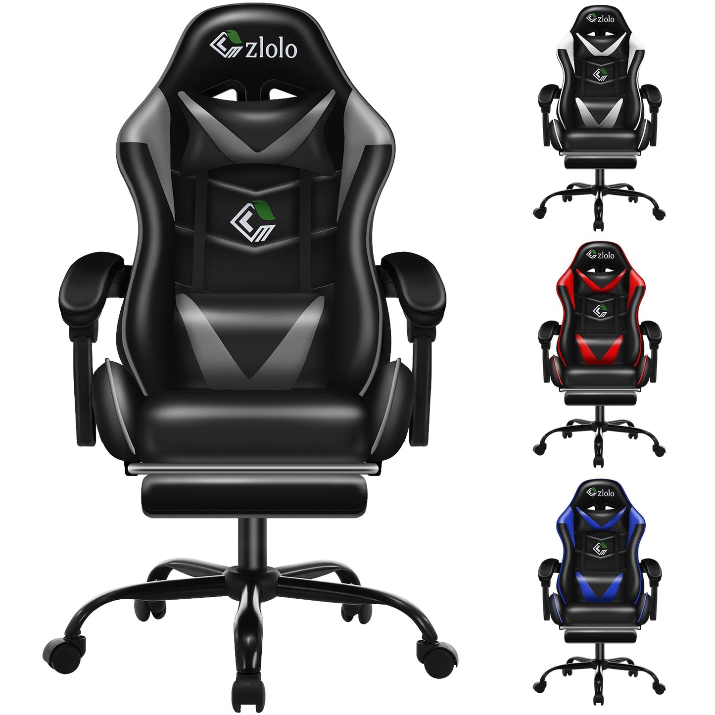 Czlolo Gaming Chair with Footrest Racing Style Lumbar Support Massager Video Game Chair with Metal Legs, High Back Reclining Gamer Chair with Headrest, 360° Swivel Office Computer Desk Chair (Gray)
